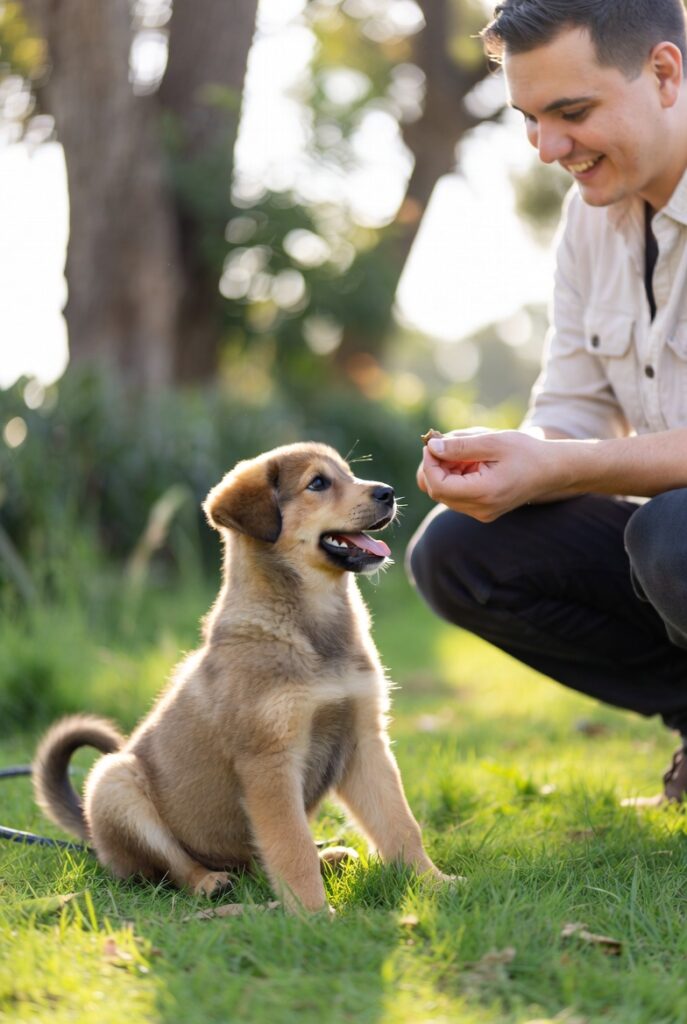 puppy potty training outside with positive reinforcement from owner