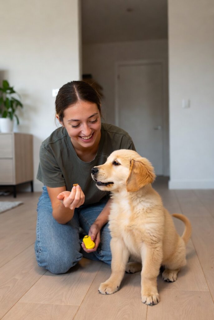 puppy training tools including clicker and treats for new puppy owners