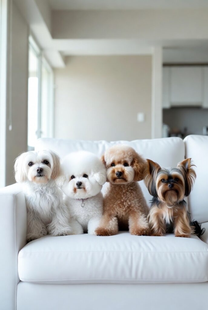 small dog breeds that dont shed or smell sitting on sofa