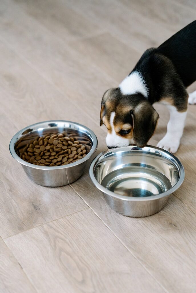 stainless steel food and water bowls as part of puppy essentials