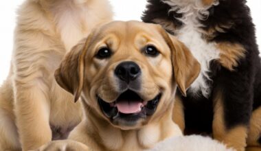 top 20 family dogs — collage of golden retriever, bernese mountain dog, labrador, beagle, and poodle puppies