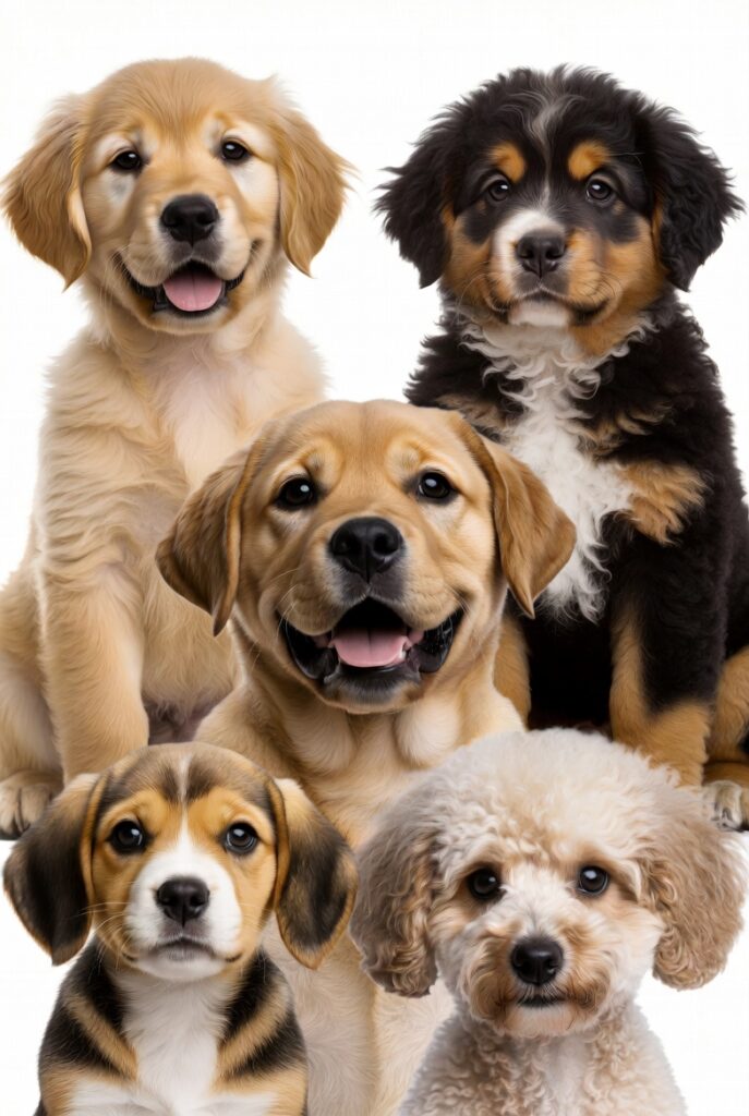top 20 family dogs — collage of golden retriever, bernese mountain dog, labrador, beagle, and poodle puppies