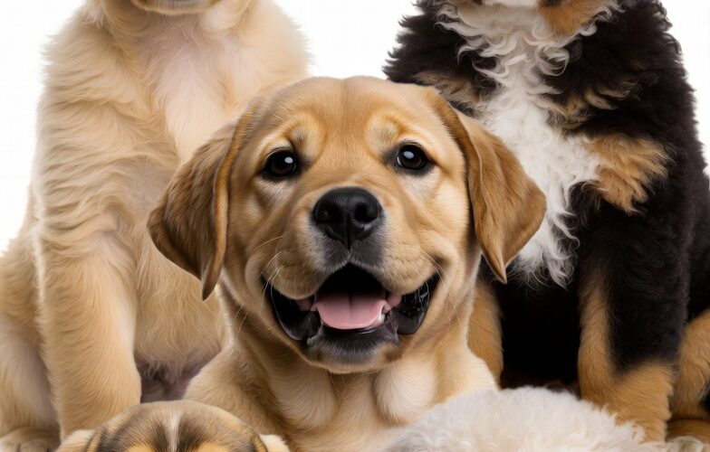top 20 family dogs — collage of golden retriever, bernese mountain dog, labrador, beagle, and poodle puppies