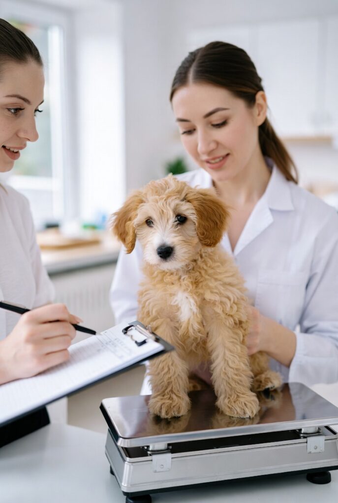 vet-approved puppy feeding — veterinarian checking puppy weight at clinic